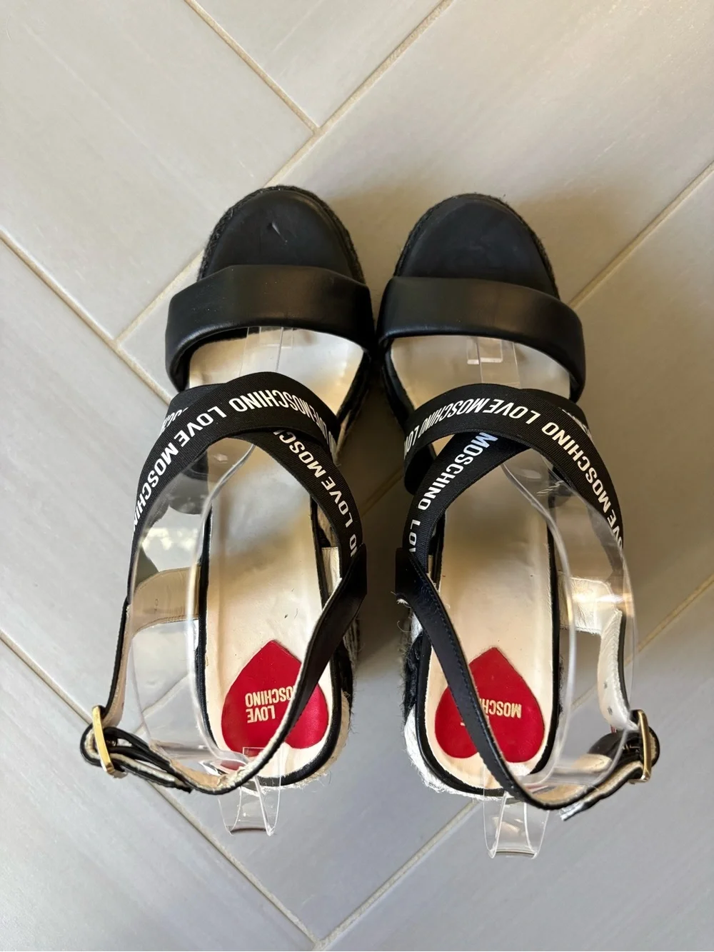 Love Moschino Black and White Logo Wedge Sandals